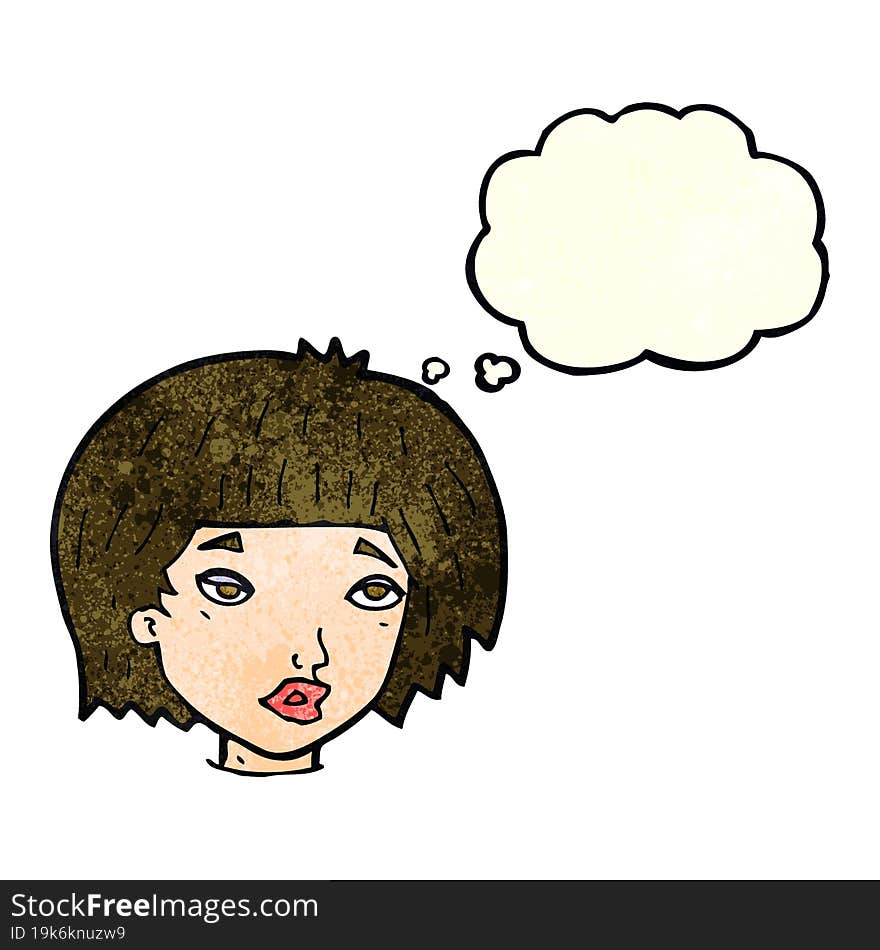 cartoon bored looking woman with thought bubble