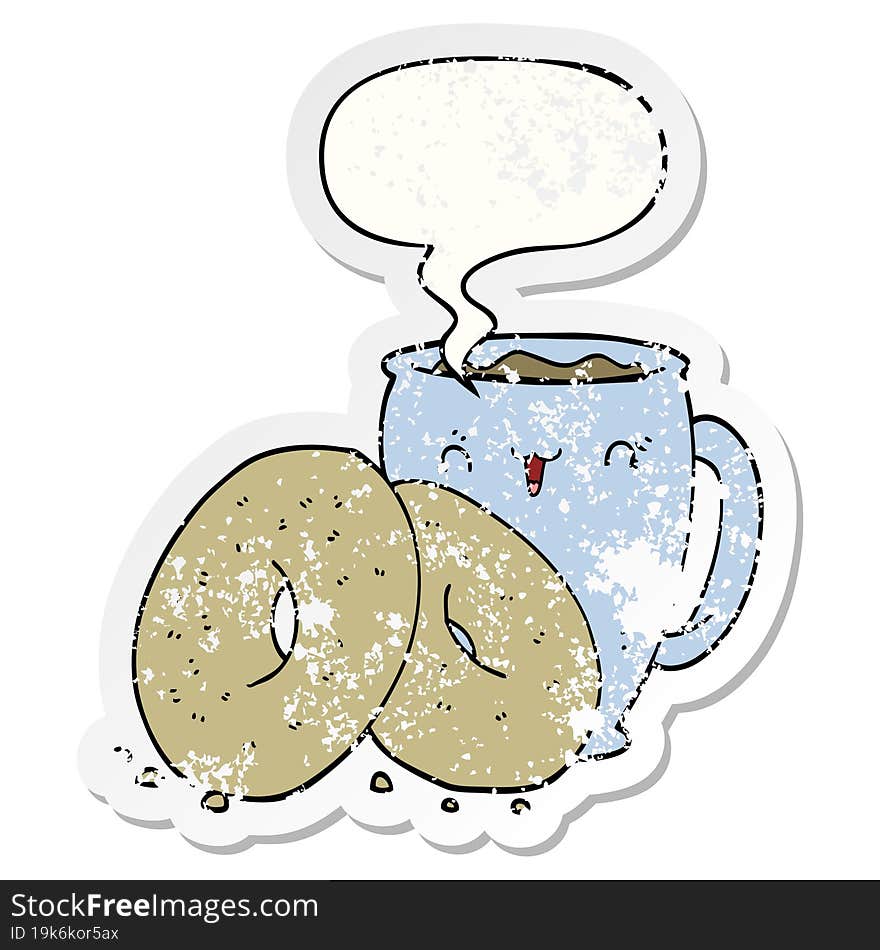 cartoon coffee and donuts with speech bubble distressed distressed old sticker. cartoon coffee and donuts with speech bubble distressed distressed old sticker