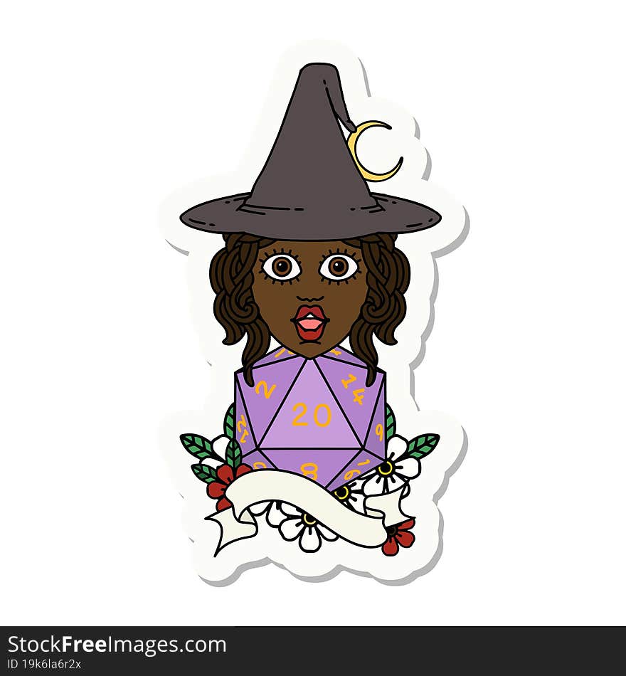 sticker of a human mage with natural twenty dice roll. sticker of a human mage with natural twenty dice roll