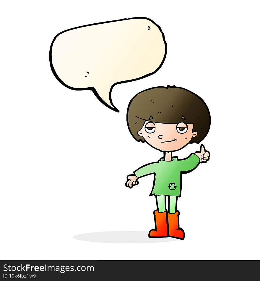 cartoon boy in poor clothing giving thumbs up symbol with speech bubble