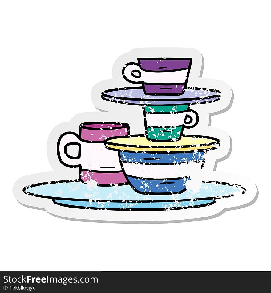 hand drawn distressed sticker cartoon doodle of colourful bowls and plates