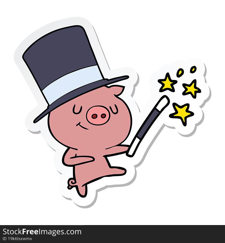 sticker of a happy cartoon pig magician