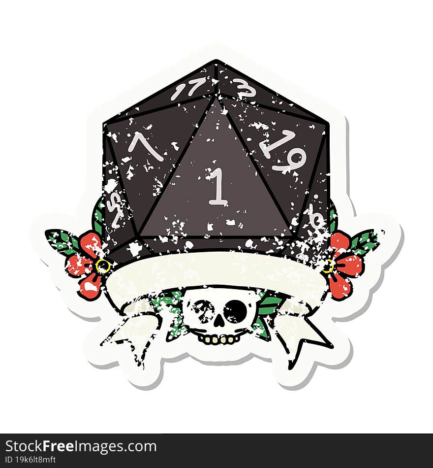 natural one d20 dice roll grunge sticker