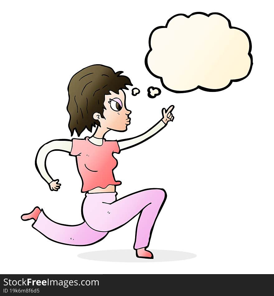 cartoon woman running and pointing with thought bubble