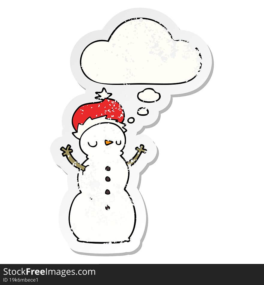 cartoon snowman and thought bubble as a distressed worn sticker