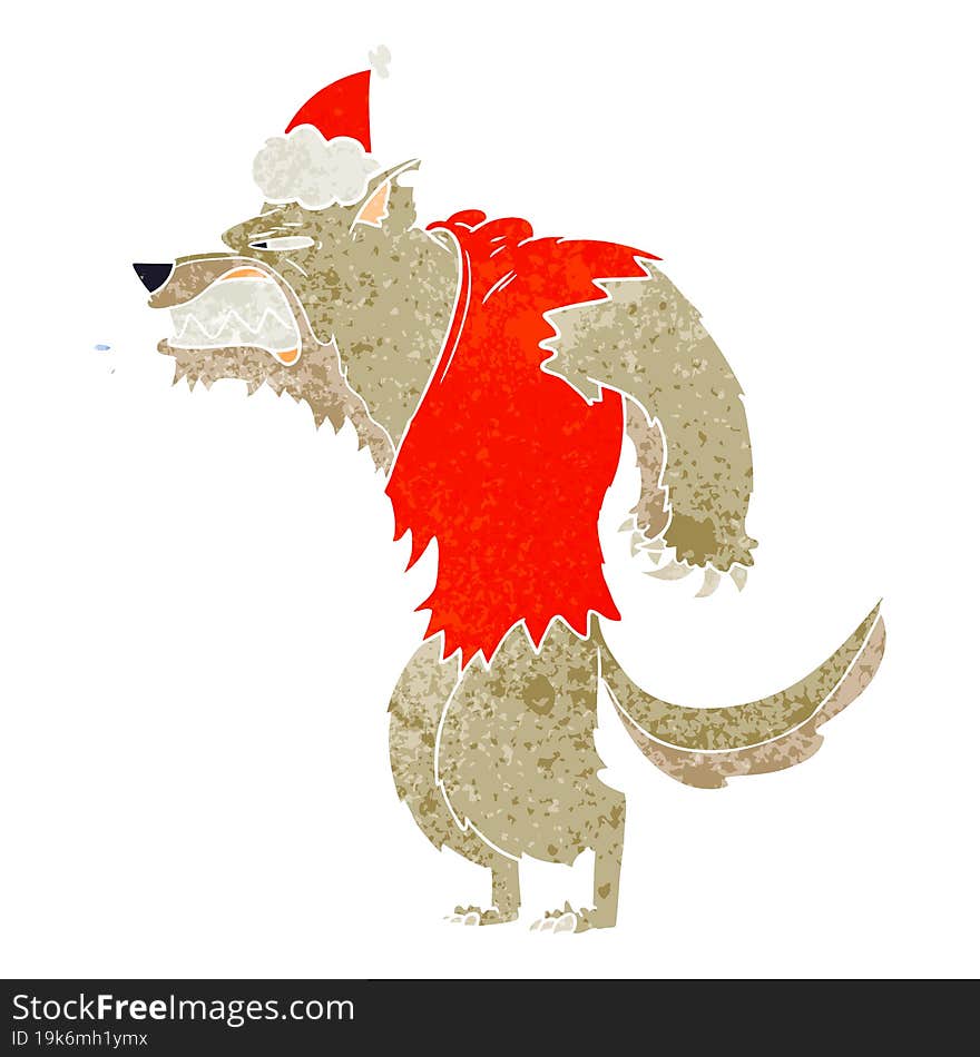 angry werewolf hand drawn retro cartoon of a wearing santa hat. angry werewolf hand drawn retro cartoon of a wearing santa hat