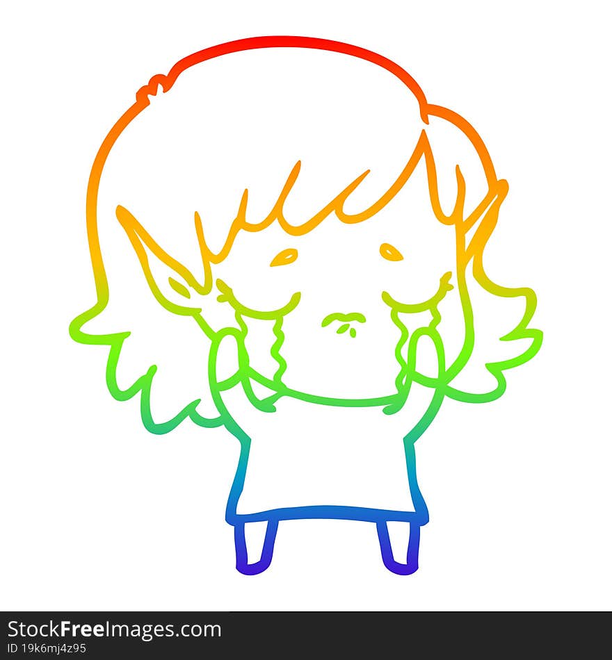 Rainbow Gradient Line Drawing Cartoon Crying Elf Girl