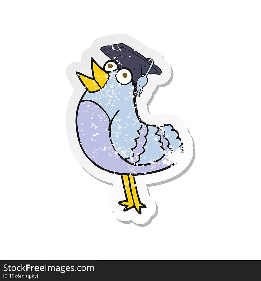 retro distressed sticker of a cartoon bird wearing graduation cap