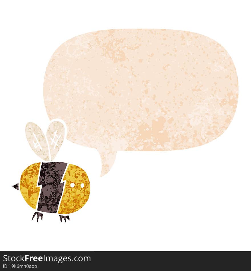 cartoon bee with speech bubble in grunge distressed retro textured style. cartoon bee with speech bubble in grunge distressed retro textured style