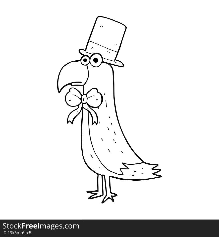 freehand drawn black and white cartoon posh parrot