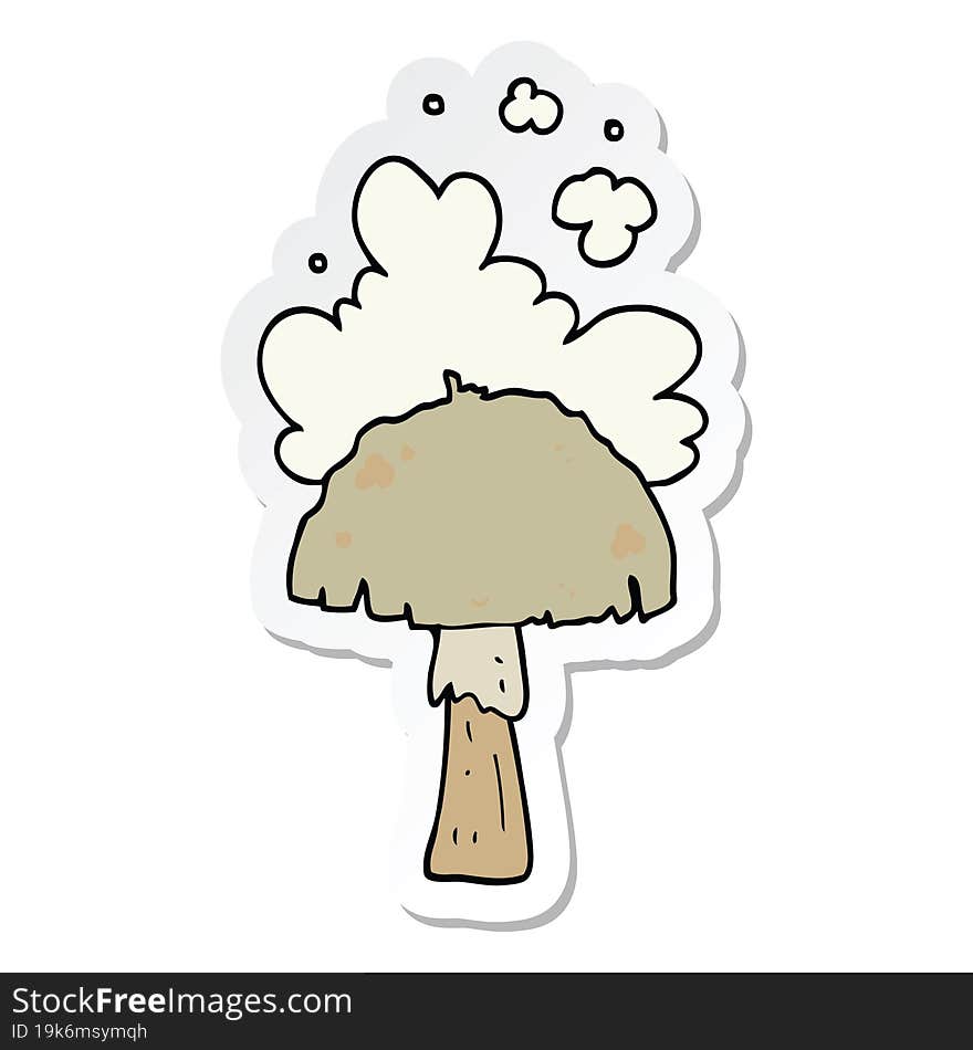 sticker of a cartoon mushroom with spore cloud