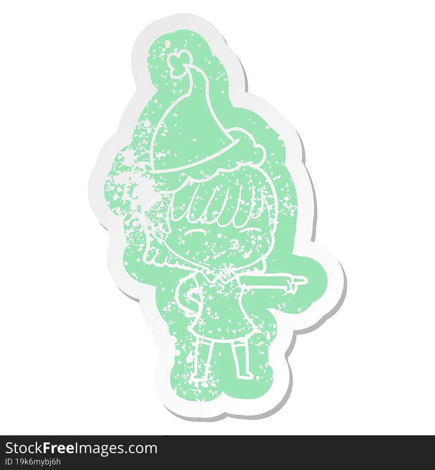 quirky cartoon distressed sticker of a woman wearing santa hat