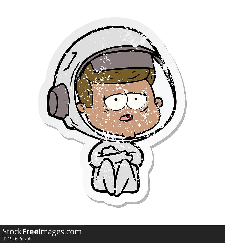 distressed sticker of a cartoon tired astronaut