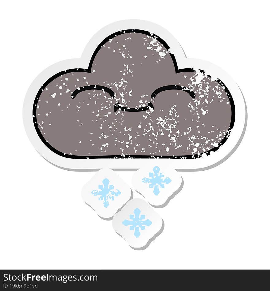 distressed sticker of a cute cartoon happy snow cloud