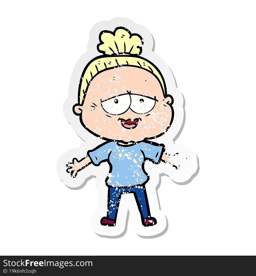 distressed sticker of a cartoon happy old lady