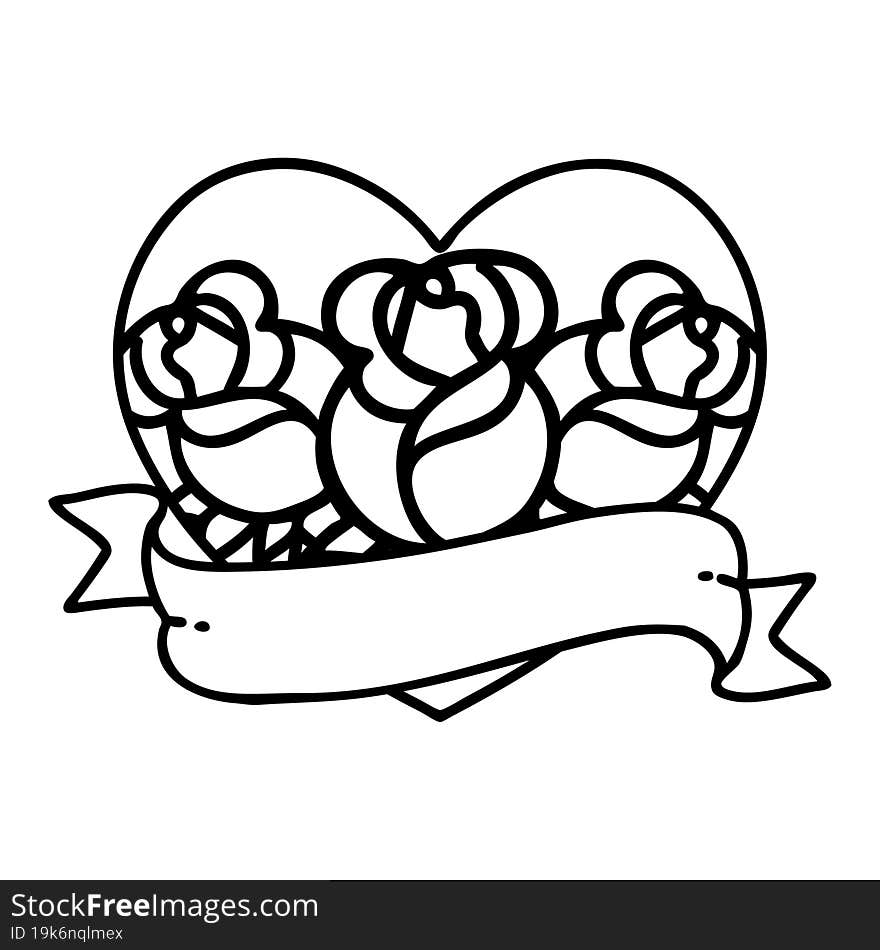 tattoo in black line style of a heart and banner with flowers. tattoo in black line style of a heart and banner with flowers