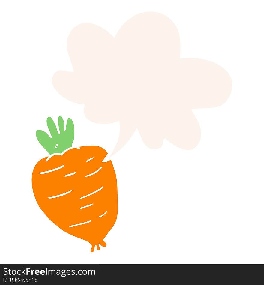 cartoon root vegetable and speech bubble in retro style