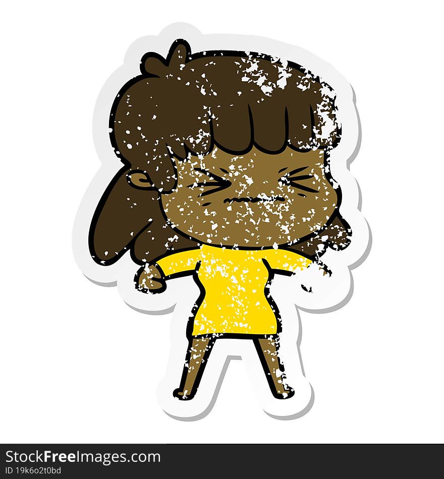 distressed sticker of a cartoon angry girl