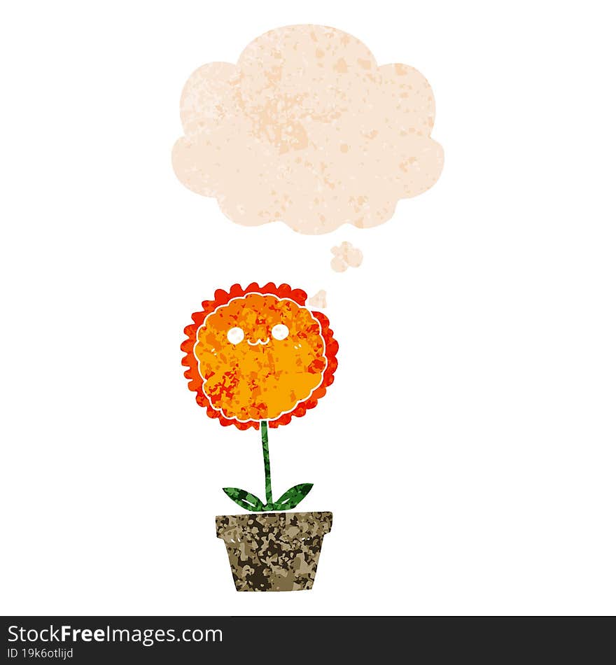 cartoon flower and thought bubble in retro textured style