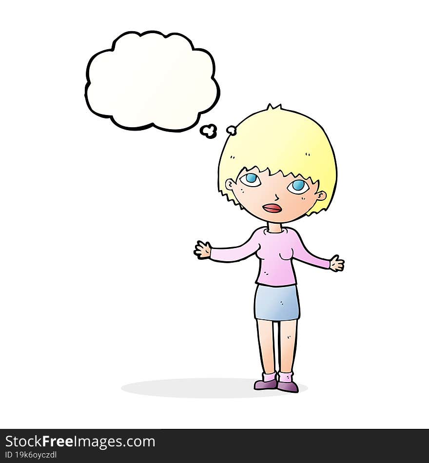 cartoon woman shrugging  with thought bubble