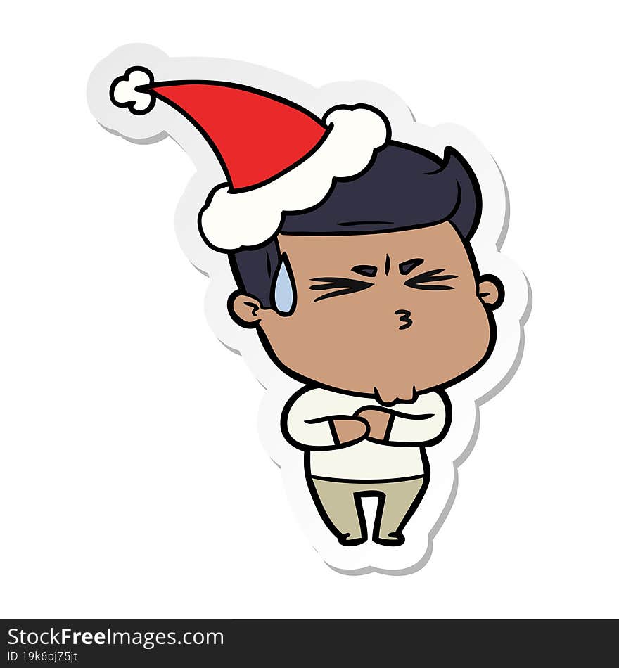 Sticker Cartoon Of A Frustrated Man Wearing Santa Hat