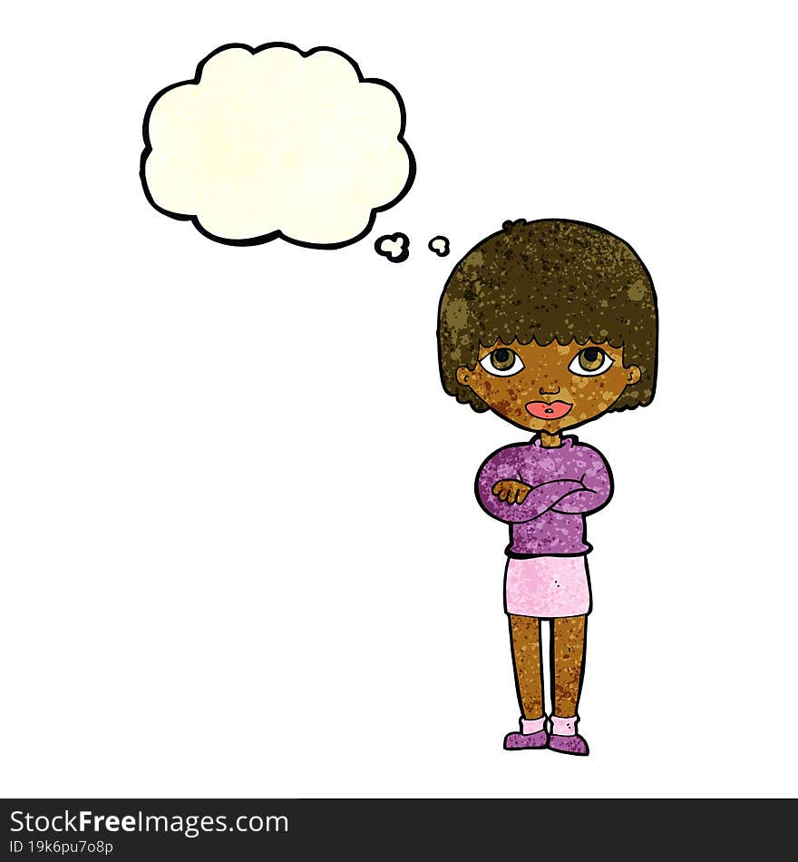 cartoon woman with folded arms with thought bubble