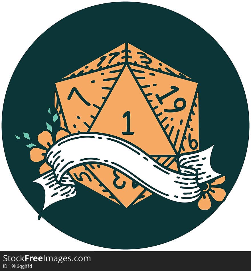 icon of natural one d20 dice roll. icon of natural one d20 dice roll