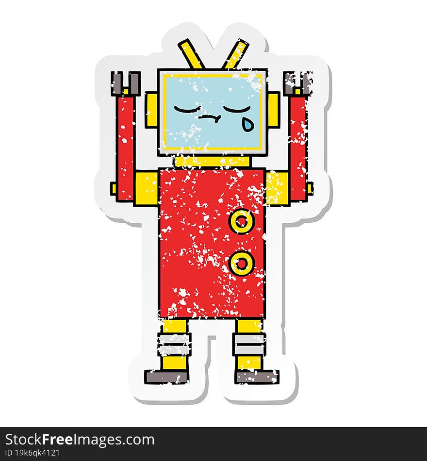 distressed sticker of a cute cartoon crying robot