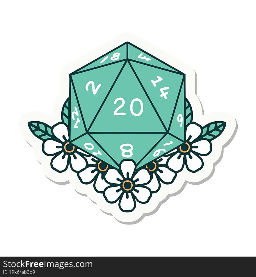 sticker of a natural 20 D20 dice roll with floral elements. sticker of a natural 20 D20 dice roll with floral elements