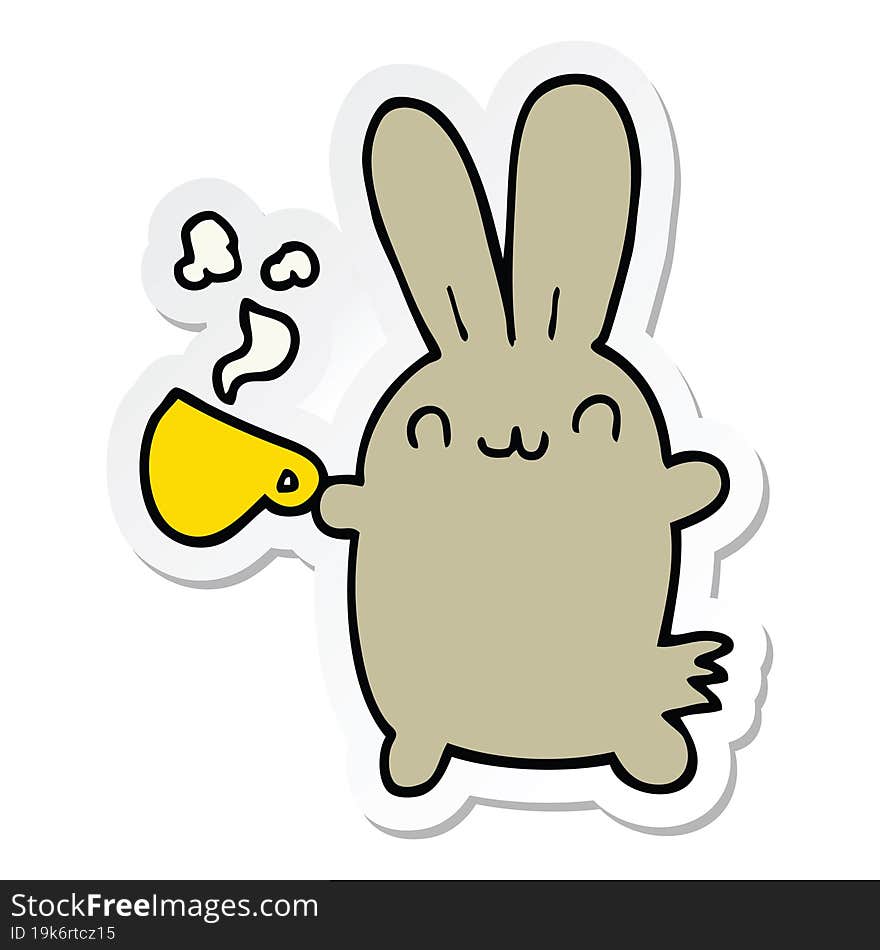 Sticker Of A Cute Cartoon Rabbit Drinking Coffee