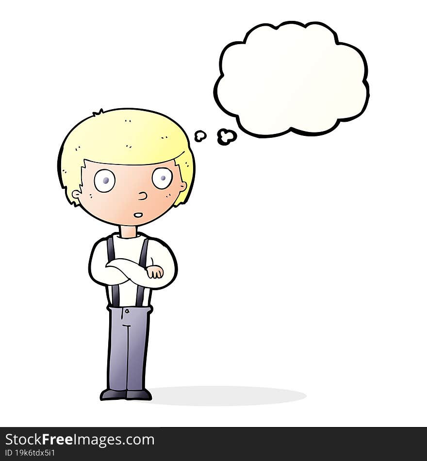 cartoon staring boy with folded arms with thought bubble