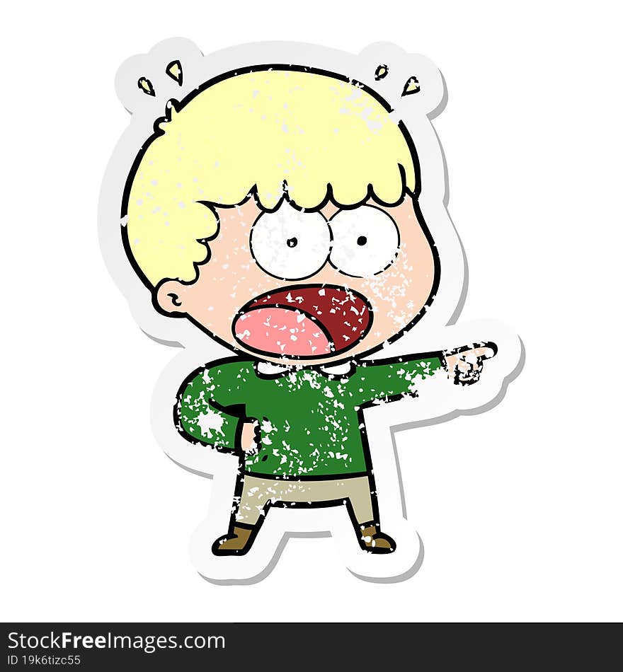 distressed sticker of a cartoon shocked man pointing