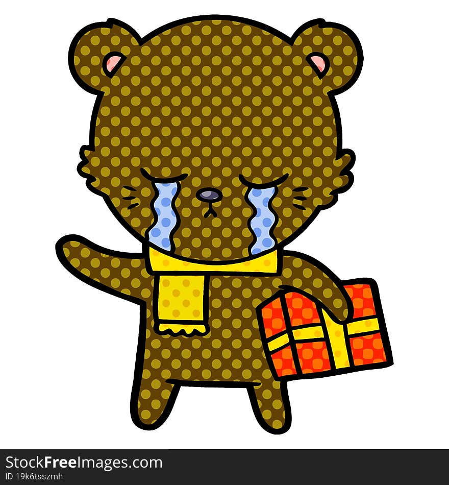 crying cartoon bear with present. crying cartoon bear with present