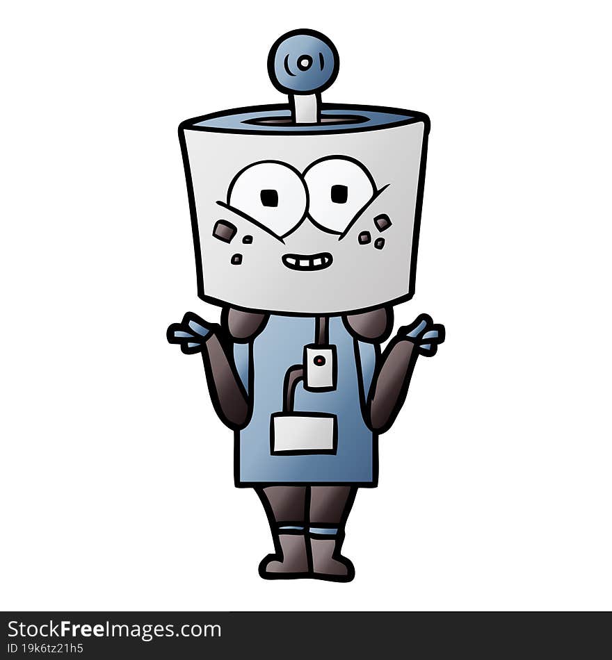 happy cartoon robot shrugging shoulders. happy cartoon robot shrugging shoulders