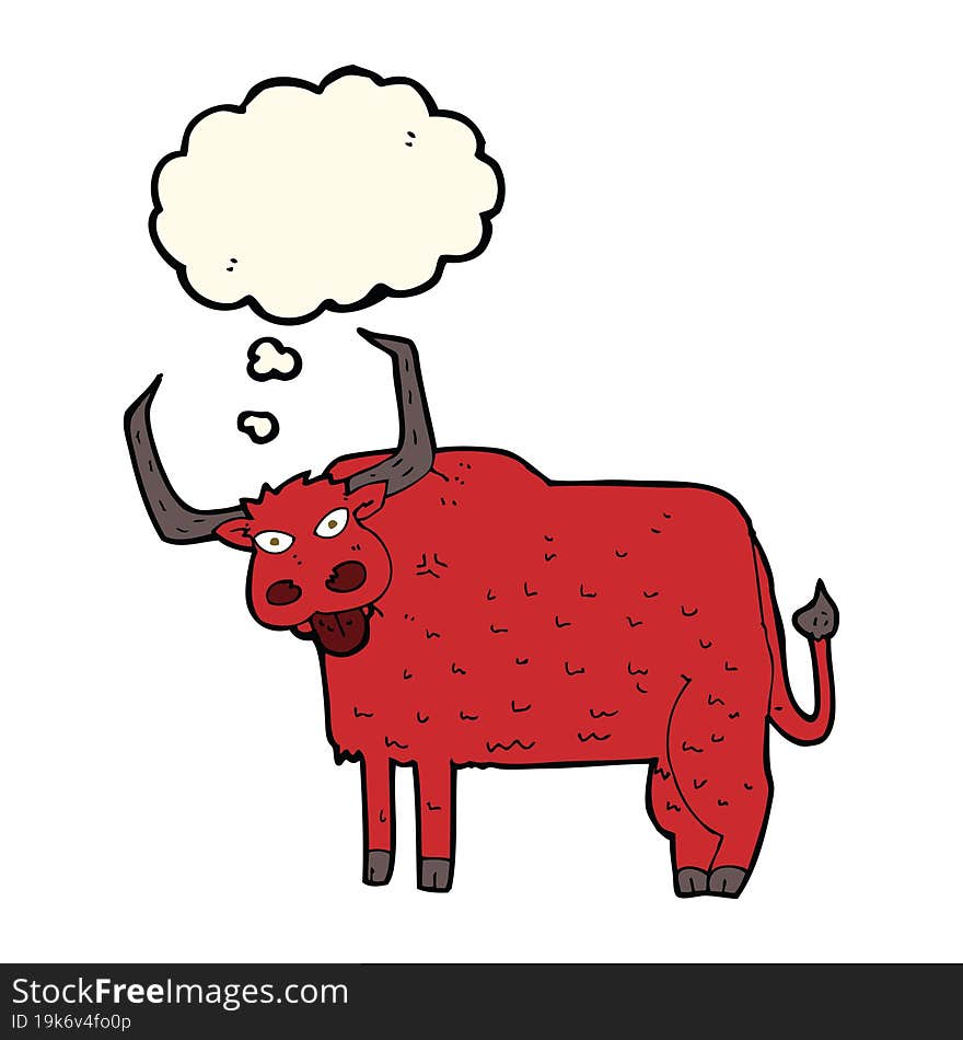 cartoon hairy cow with thought bubble