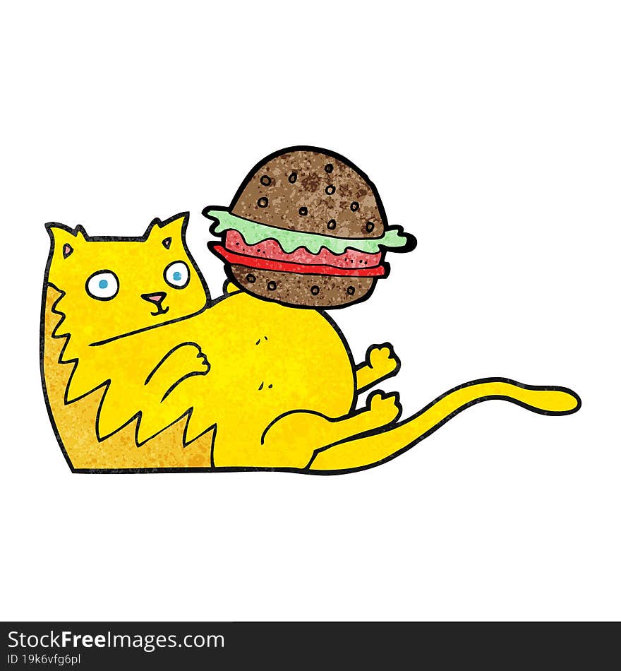 freehand textured cartoon fat cat with burger