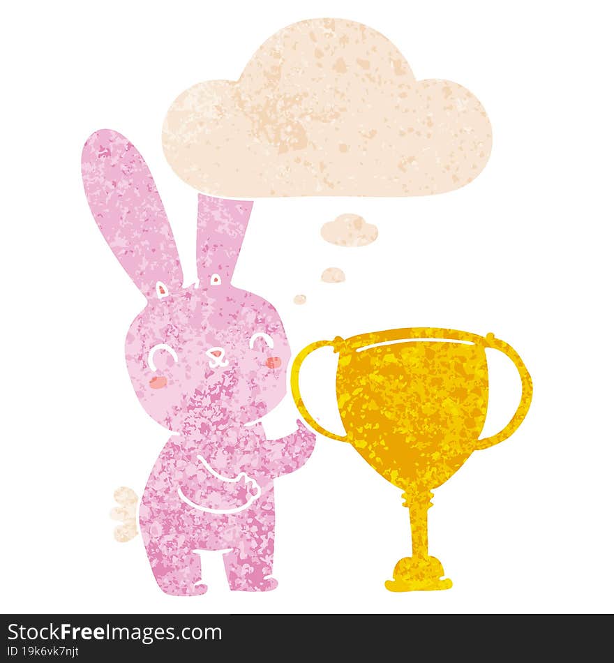 Cute Cartoon Rabbit With Sports Trophy Cup And Thought Bubble In Retro Textured Style