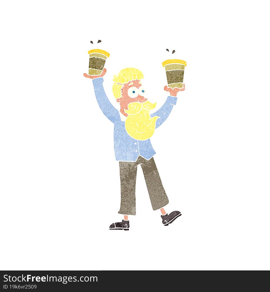 freehand retro cartoon man with coffee cups