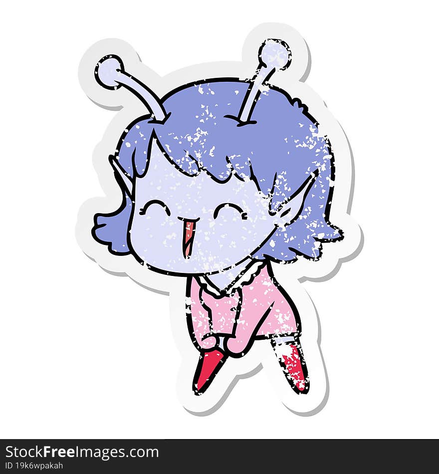 distressed sticker of a cartoon alien girl laughing