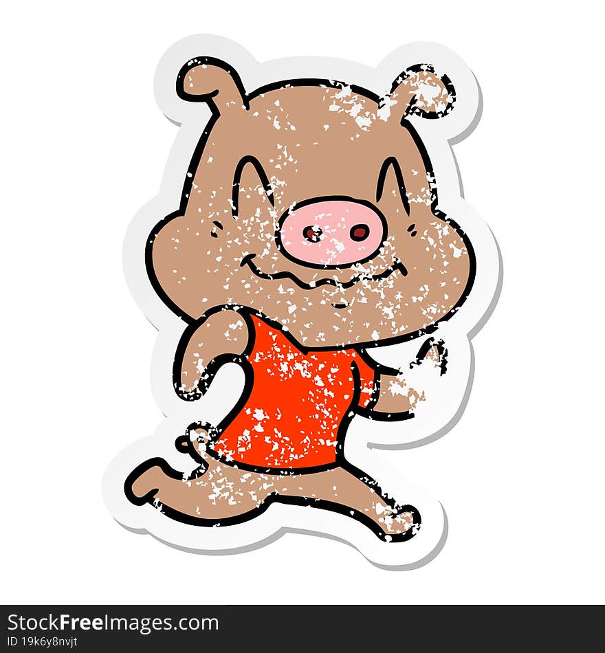 Distressed Sticker Of A Nervous Cartoon Pig