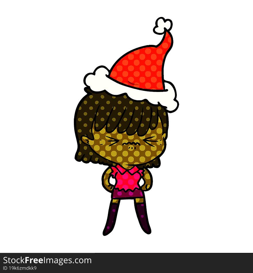 annoyed hand drawn comic book style illustration of a girl wearing santa hat