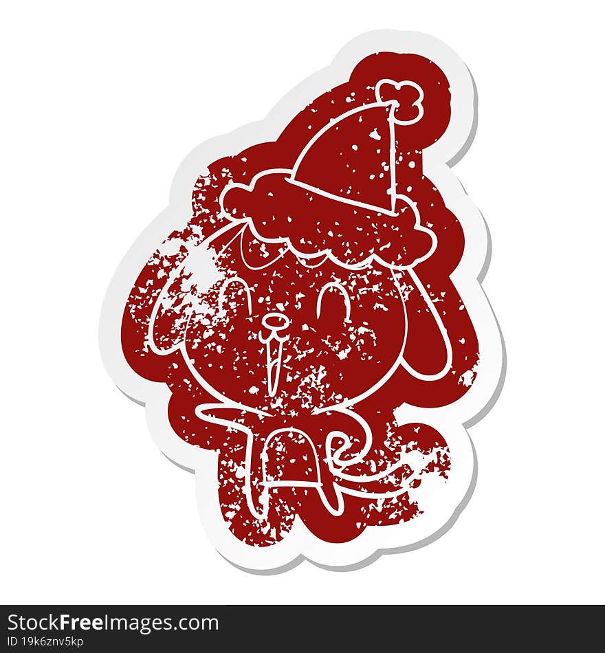 Cute Cartoon Distressed Sticker Of A Dog Wearing Santa Hat