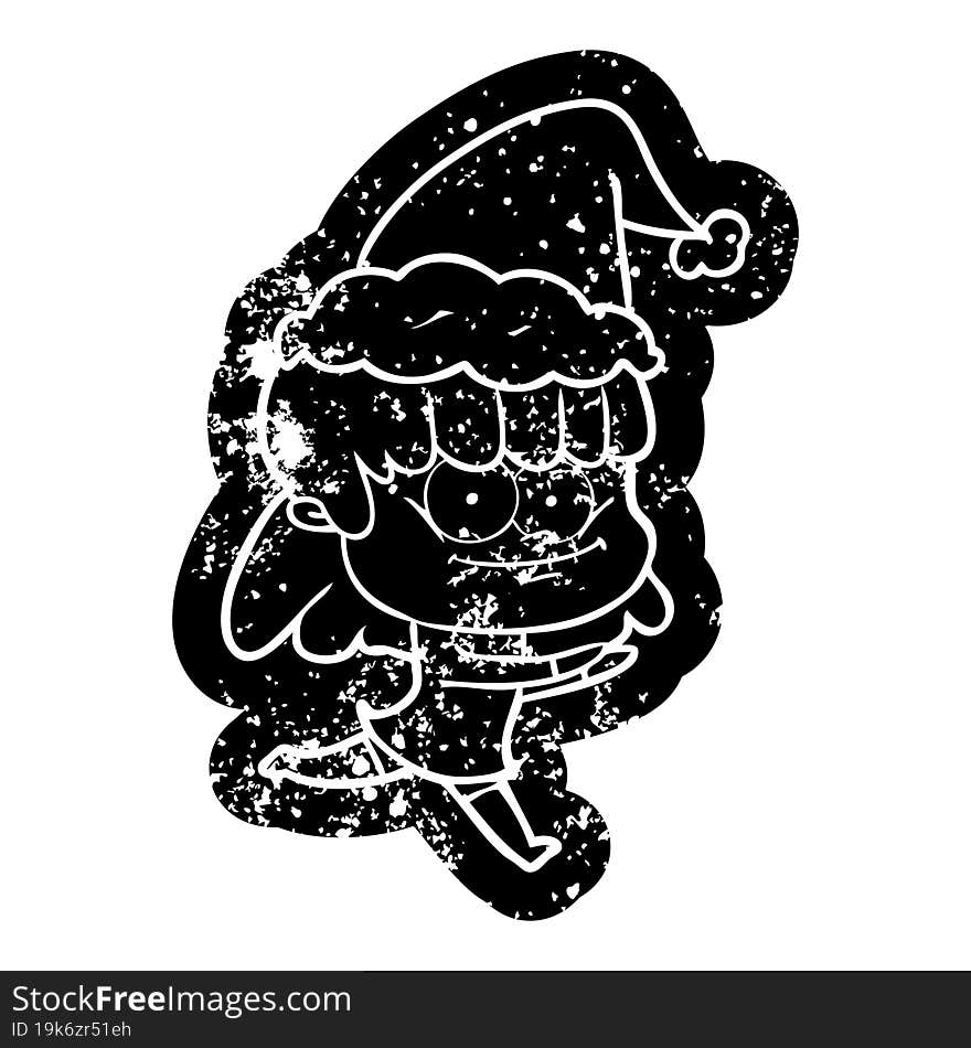 cartoon distressed icon of a smiling woman wearing santa hat