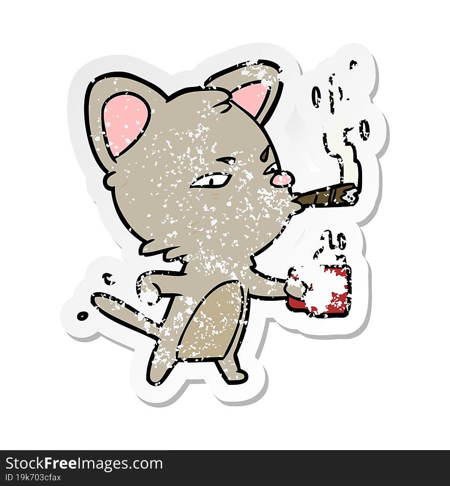 distressed sticker of a cartoon cat with coffee and cigar