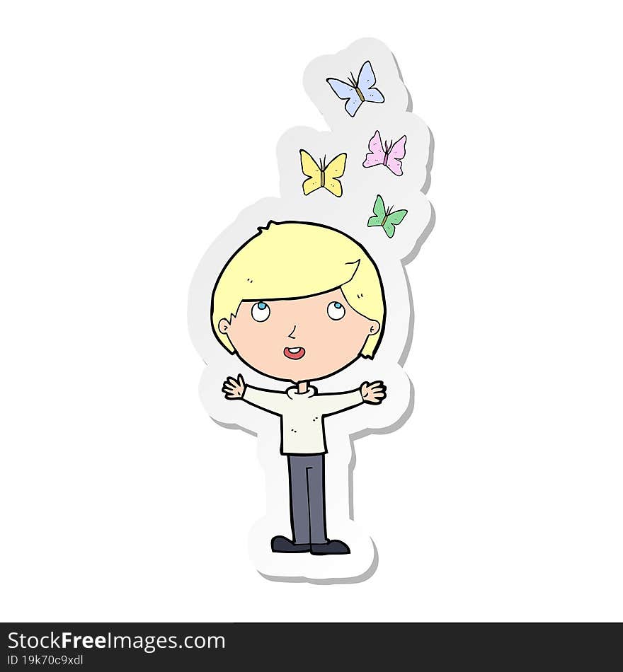 Sticker Of A Cartoon Man And Butterflies