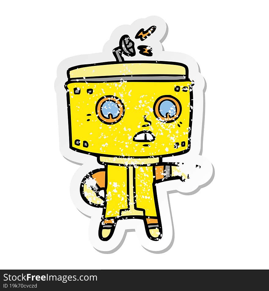 distressed sticker of a cartoon robot accusing