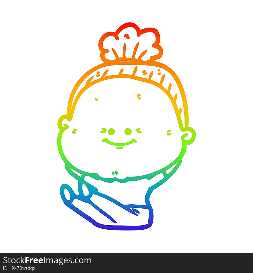 rainbow gradient line drawing of a cartoon happy old woman