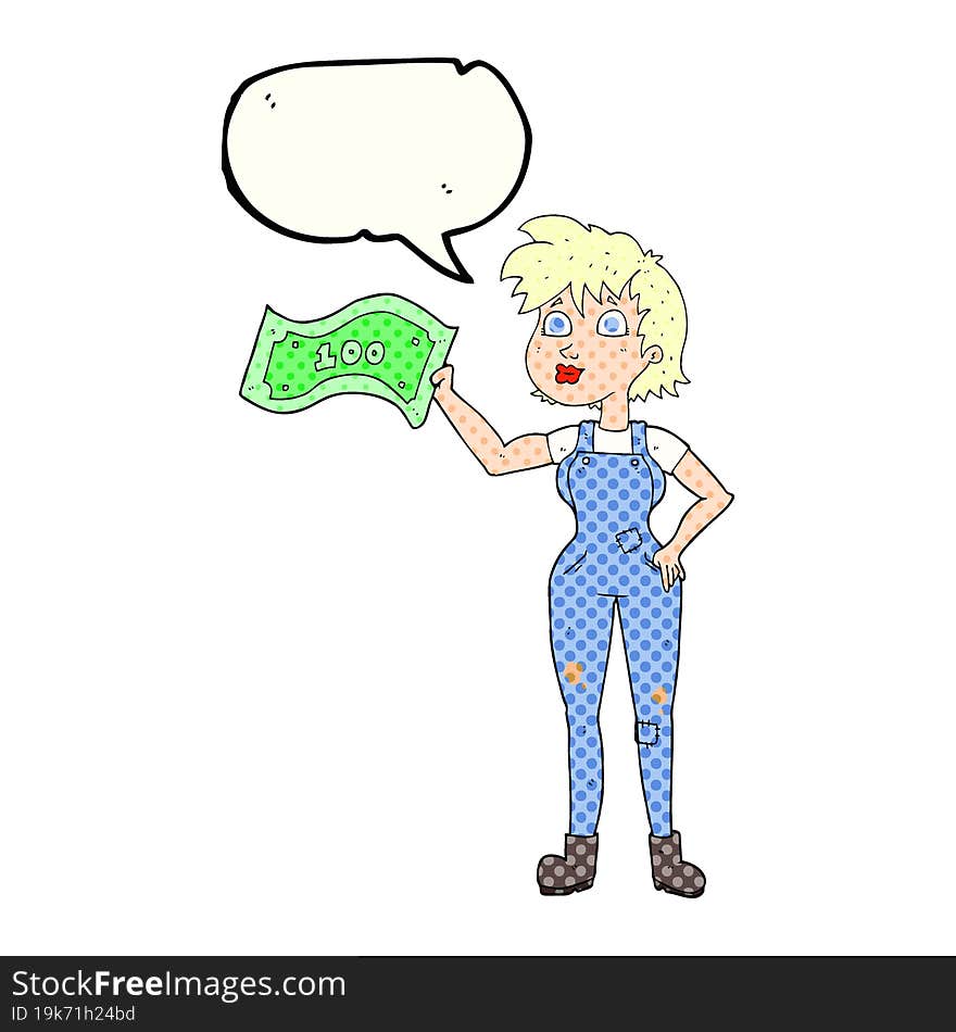 Comic Book Speech Bubble Cartoon Confident Farmer Woman With Money