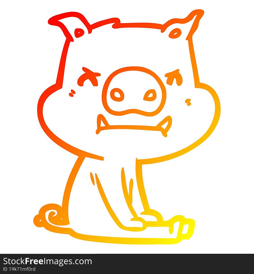 warm gradient line drawing of a angry cartoon pig sitting