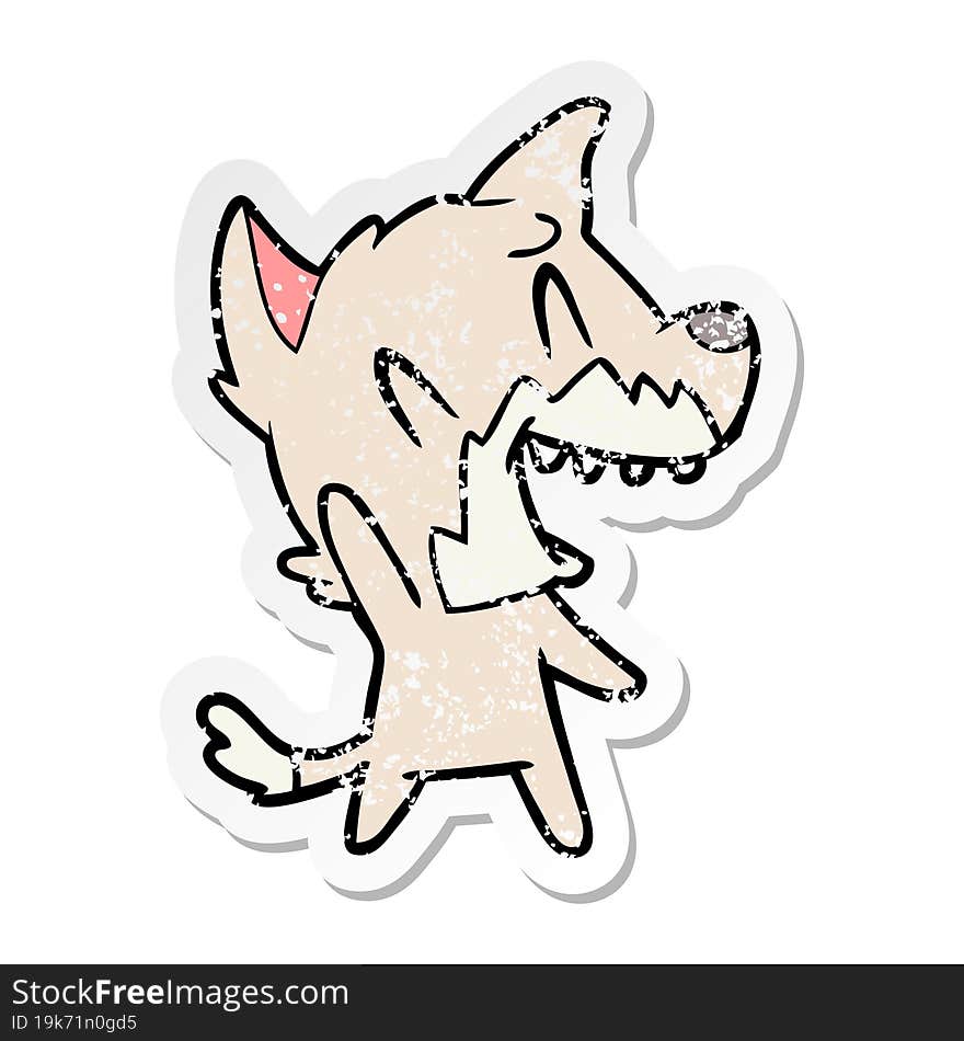 distressed sticker of a laughing fox cartoon